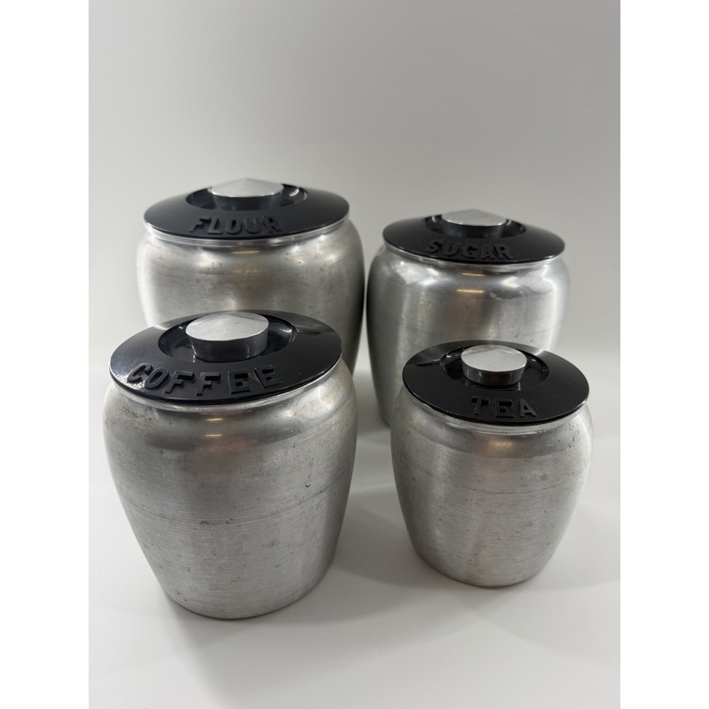 Vintage Kromex 8 Piece Canister Set Brushed Spun Aluminum Black Lids Mid Century